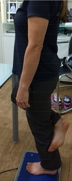 Um sicherzustellen, dass alle Teilnehmer dies auf die gleiche Weise taten, wurden sie gebeten, die Vorderseite eines Fußes auf die Rückseite des gegenüberliegenden Unterschenkels zu stellen, während sie ihre Arme an ihrer Seite hielten und ihren Blick geradeaus richteten (Bild).