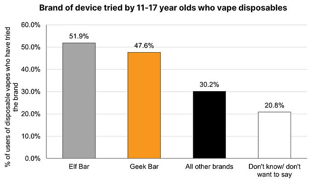 Die beliebtesten Marken sind dem Bericht zufolge Elf Bar und Geek Bar, wobei nur 32 Prozent der jungen Dampfer angeben, dass sie eine andere Marke verwenden