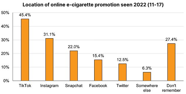 Die Umfrage befragte Kinder auch zu ihrem Bewusstsein für die Förderung von E-Zigaretten.  TikTok wurde am häufigsten als Quelle für Online-Werbung genannt (von 45 Prozent der Kinder genannt), gefolgt von Instagram (31 Prozent) und Snapchat (22 Prozent).