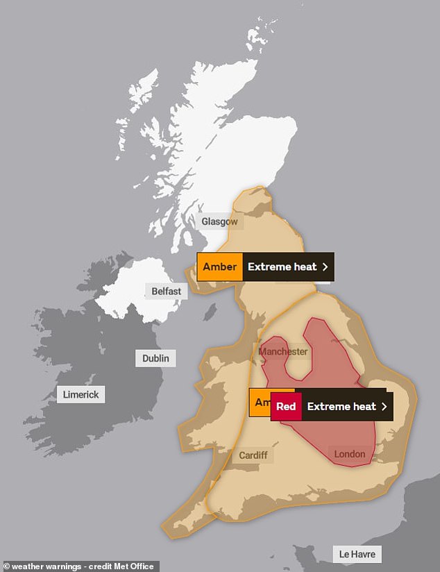 Das Met Office hatte bereits diese Woche &ndash; zum dritten Mal &uuml;berhaupt &ndash; von Sonntag bis Dienstag f&uuml;r den gr&ouml;&szlig;ten Teil von England und Wales eine gelbe Hitzewarnung herausgegeben.  Aber heute wurde dies auf ganz England und Wales sowie S&uuml;dschottland ausgedehnt &ndash; und am Montag und Dienstag f&uuml;r Teile von Mittel- und S&uuml;dengland, einschlie&szlig;lich London, auf ein beispielloses &bdquo;Rot&ldquo; aufgewertet