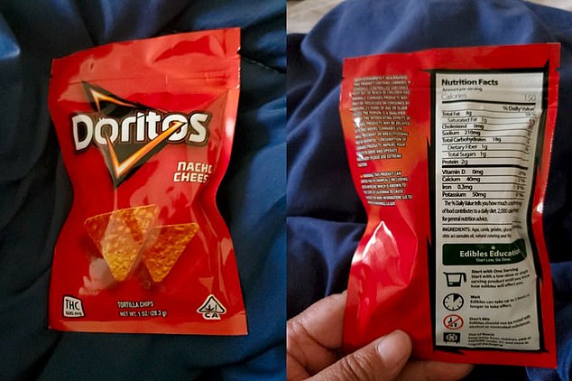 Oben abgebildet ist ein essbarer Cannabis-Nachahmer, der in Nevada verkauft wird. Es verwendet den Namen eines anderen Produkts – Doritos – und hat nur kleine Warnsymbole, dass es Cannabis enthält